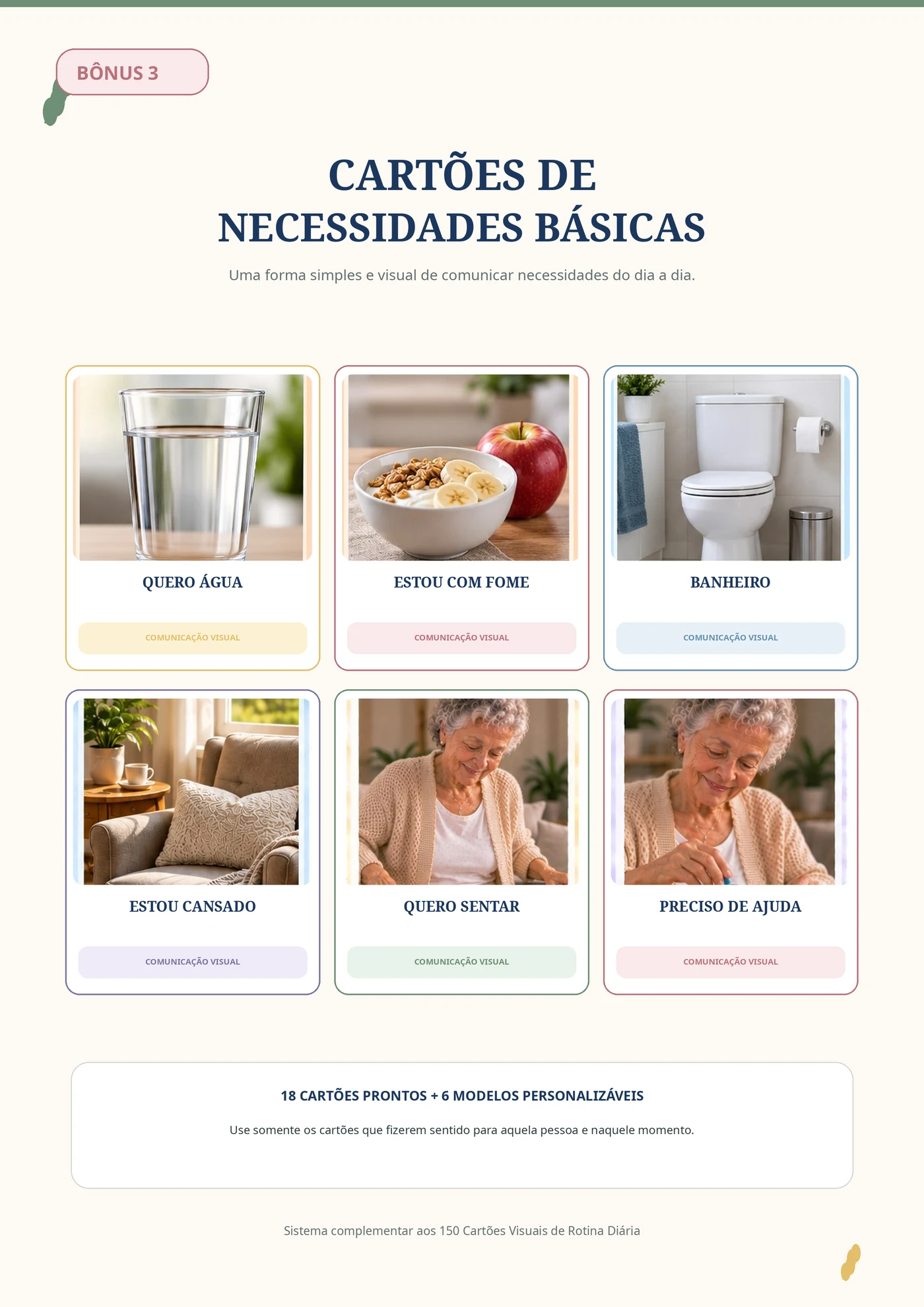 Cartões visuais de necessidades básicas, como beber água e ir ao banheiro.
